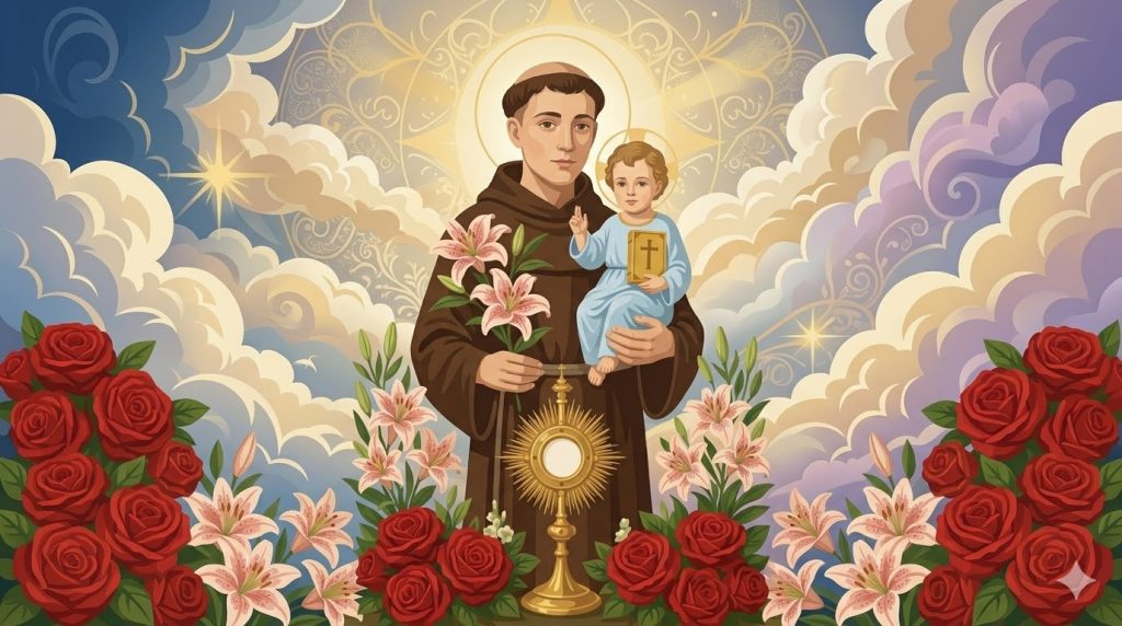 Premier Jour : Saint Antoine Modèle d’Humilité - un moine franciscain tenant un livre et un lys blanc avec l'Enfant Jésus